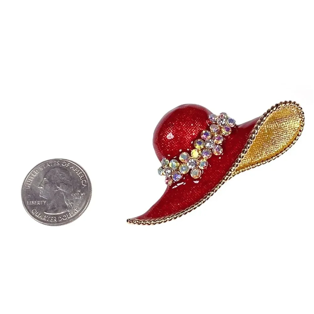 Vintage Red Hat Brooch Aurora Borealis Gold Tone Rhinestone Flower Enameled Pin